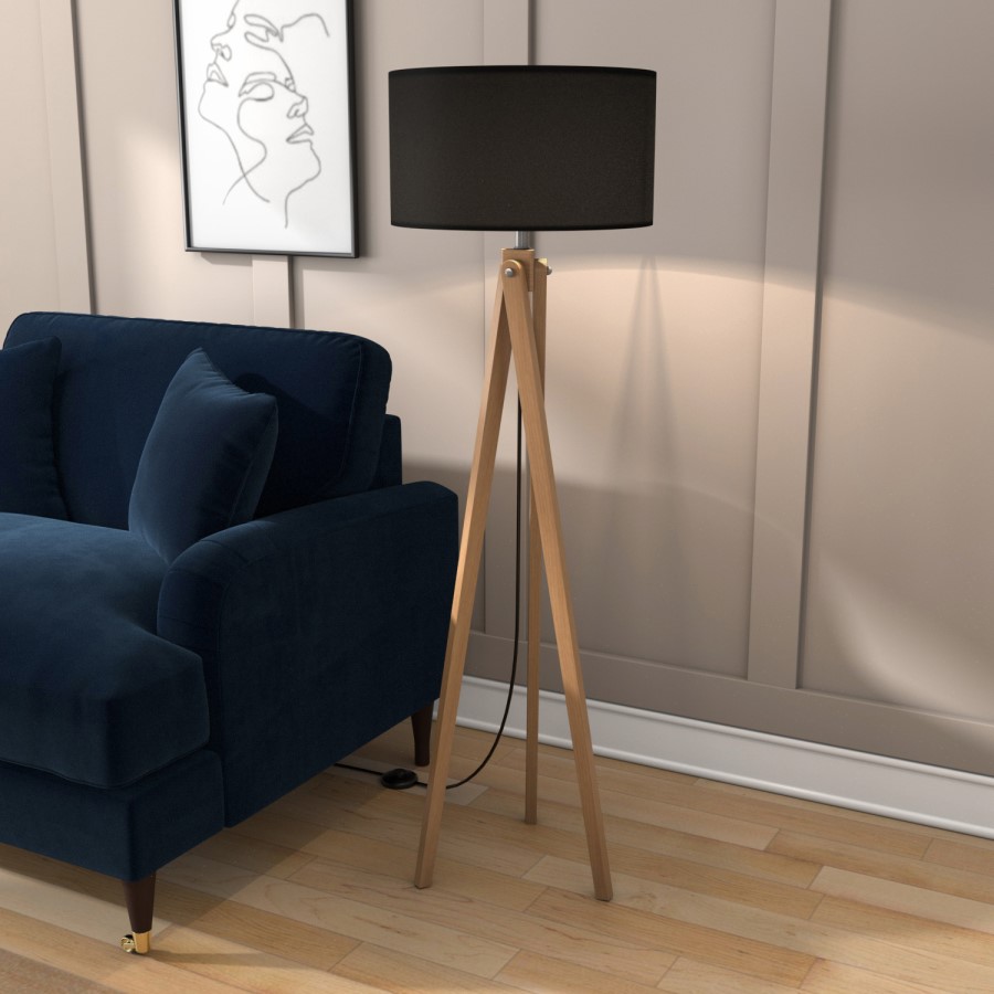Black Shade Wooden Tripod Floor Lamp - Whenby