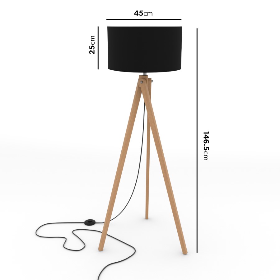 Black Shade Wooden Tripod Floor Lamp - Whenby