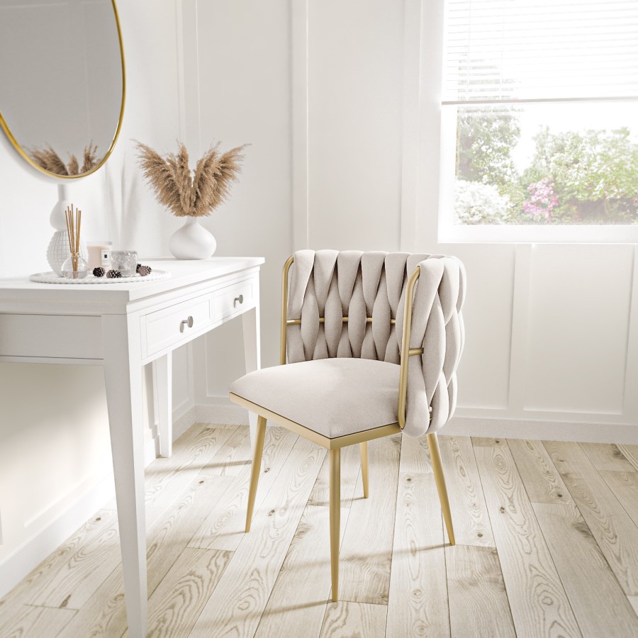 GRADE A2 - Cream Woven Linen Dressing Table Chair with Gold Legs - Malika 