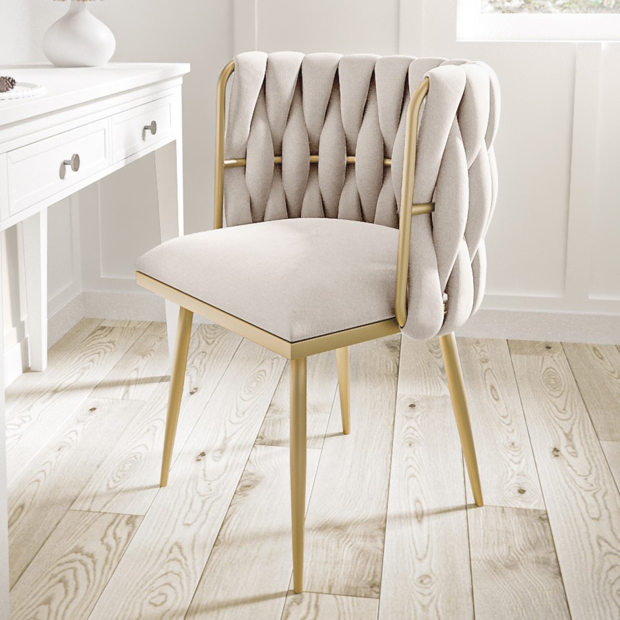 GRADE A2 - Cream Woven Linen Dressing Table Chair with Gold Legs - Malika 