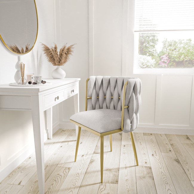 ALMOST PERFECT - Warm Grey Linen Dressing Table Chair with Gold Legs - Malika