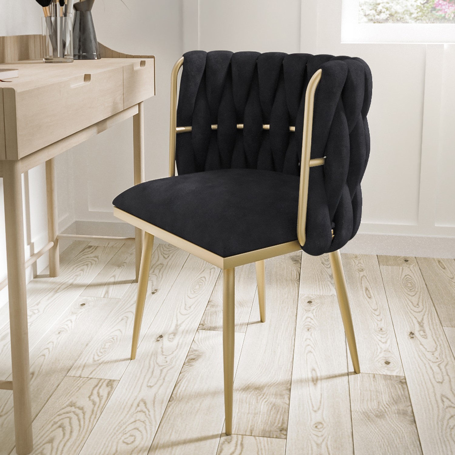 Photo of Black woven linen dressing table chair with gold legs - malika