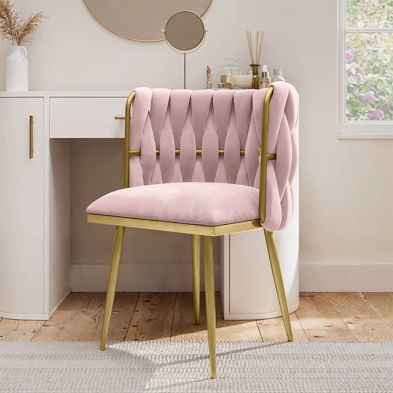 Pink Velvet Dressing Table Chair with Gold Legs - Malika - Furniture123 Pink Velvet Dressing Table Chair with Gold Legs - Malika - Furniture123