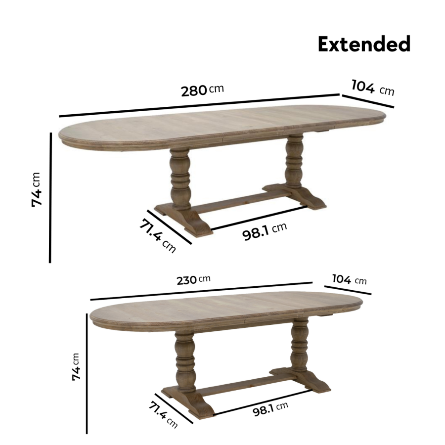 Large Solid Wood Farmhouse Extendable Dining Table - Seats 6 - 12 - Madeline