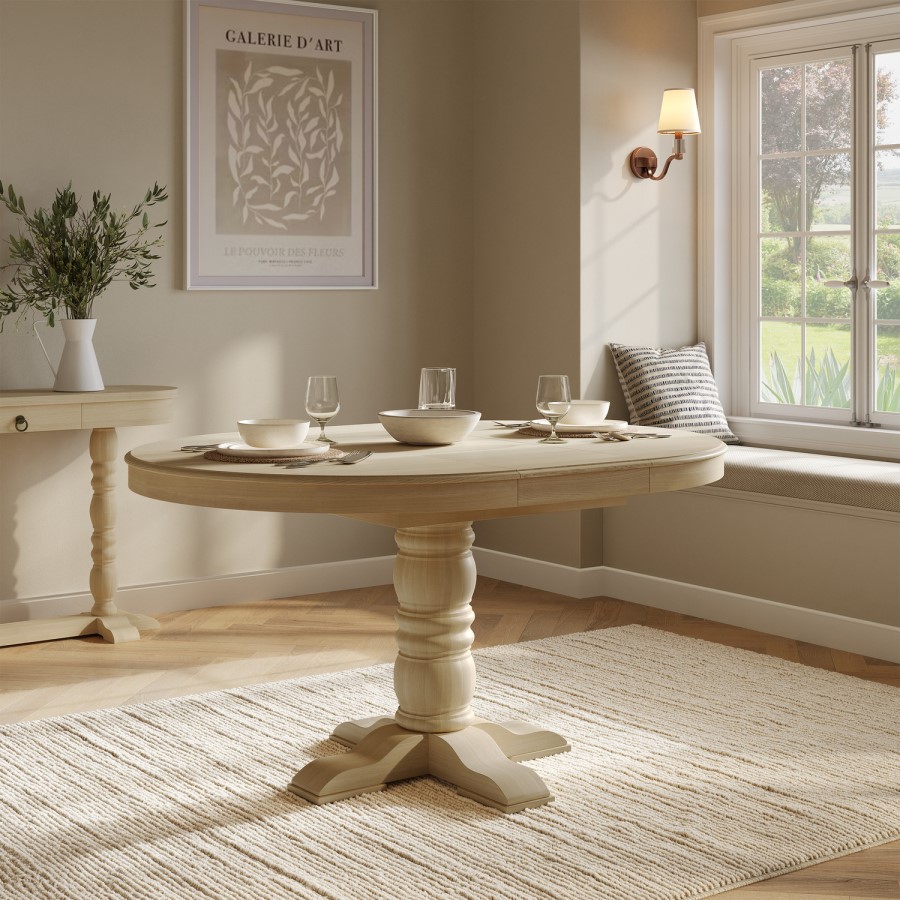 Large Solid Wood Farmhouse Extendable Round to Oval Pedestal Dining Table - Seats 4 - 6 - Madeline