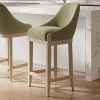 Sage Green Velvet Kitchen Stool with Solid Wood Legs - Madeline