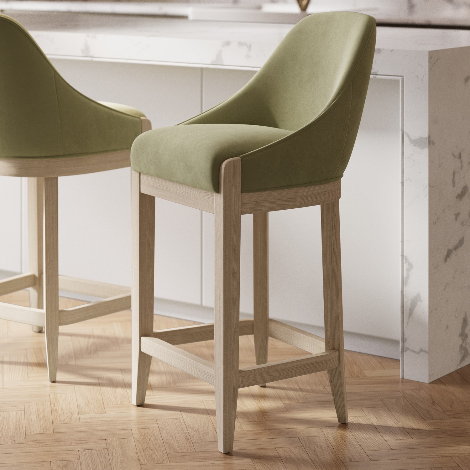 Sage Green Velvet Kitchen Stool Solid Wood Legs