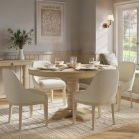 Farmhouse Round Extending Pedestal Dining Table Set with 4 Beige Fabric Dining Chairs - Madeline