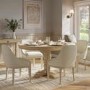 Farmhouse Round Extending Pedestal Dining Table Set with 4 Beige Fabric Dining Chairs - Madeline