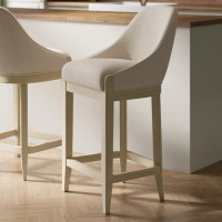 Beige Fabric Kitchen Stool with Solid Wood Legs - Madeline