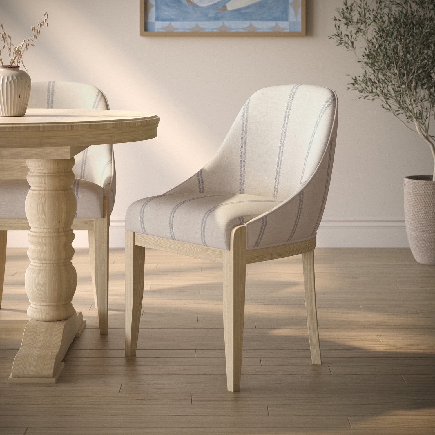 Beige Striped Upholstered Dining Chair Solid Wood Legs