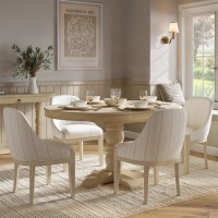 Farmhouse Round Extending Pedestal Dining Table Set with 4 Cream Upholstered Blue Striped Dining Chairs - Madeline