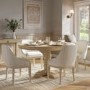 Farmhouse Round Extending Pedestal Dining Table Set with 4 Cream Upholstered Blue Striped Dining Chairs - Madeline