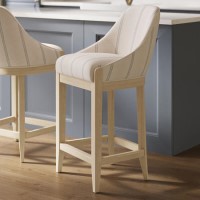 Cream & Blue Upholstered Striped Kitchen Stool with Solid Wood Legs - Madeline