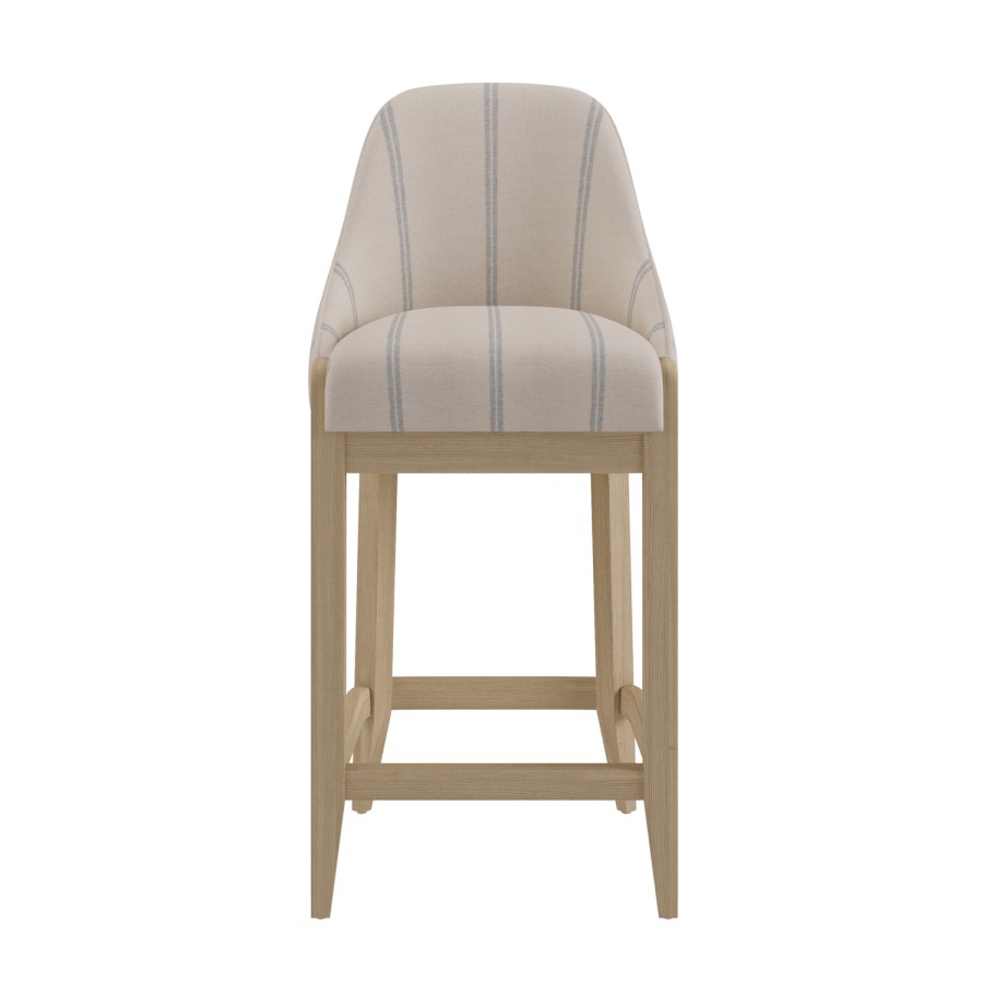 Set of 4 Cream Upholstered Blue Striped Kitchen Stools with Solid Wood Legs - Madeline
