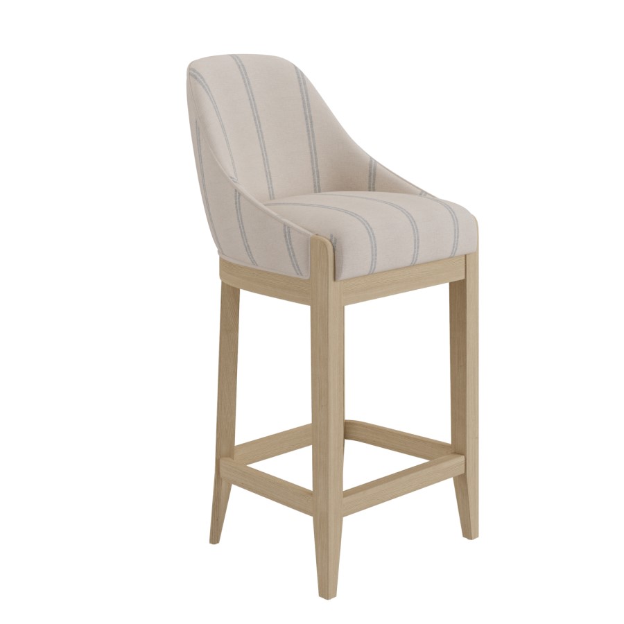 Set of 4 Cream Upholstered Blue Striped Kitchen Stools with Solid Wood Legs - Madeline