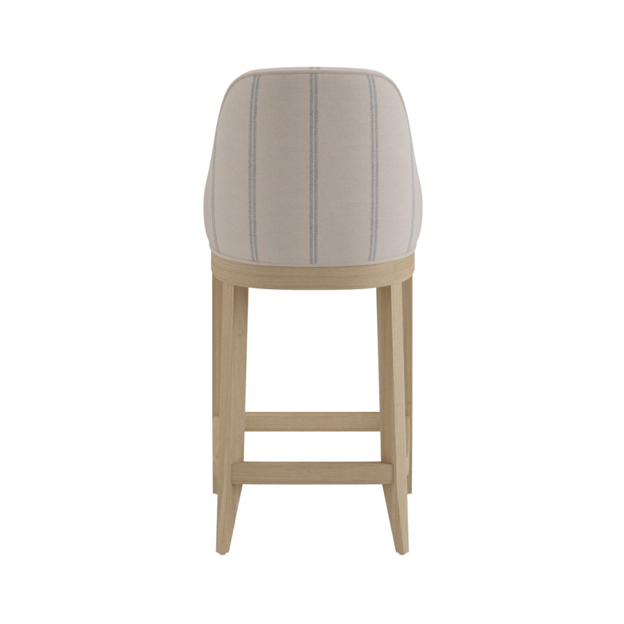 Set of 4 Cream Upholstered Blue Striped Kitchen Stools with Solid Wood Legs - Madeline