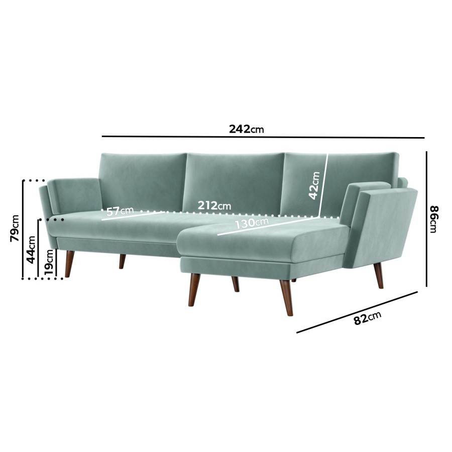 Green Velvet Right Hand L Shaped Sofa - Seats 3 - Milton