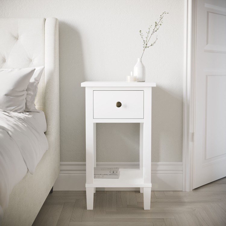 ONLY OPENED - Tall White Wooden Bedside Table with Drawer and Shelf - Marlowe