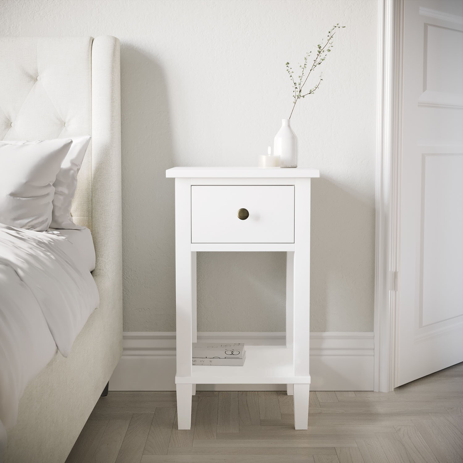 Photo of Tall white wooden bedside table with drawer and shelf - marlowe
