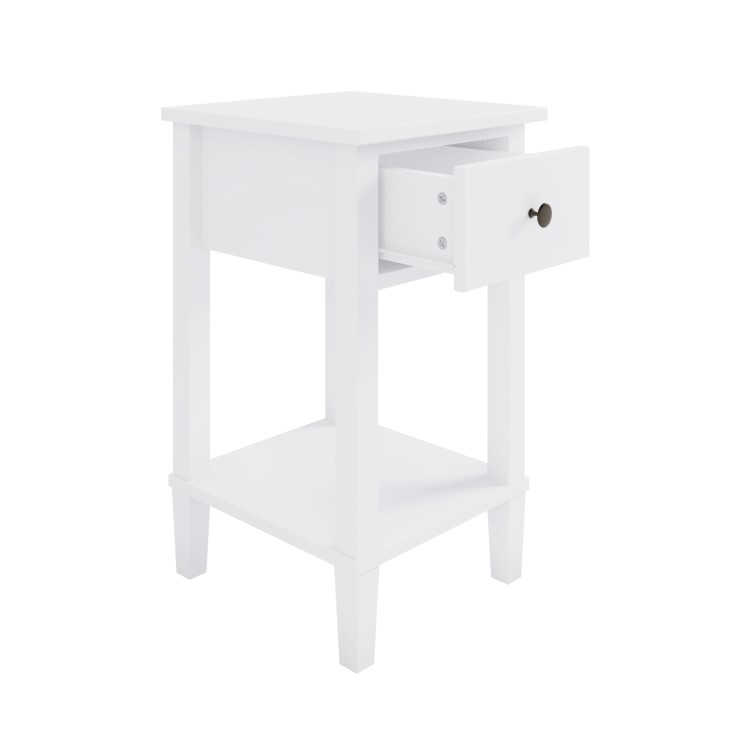 Tall White Wooden Bedside Table with Drawer and Shelf - Marlowe