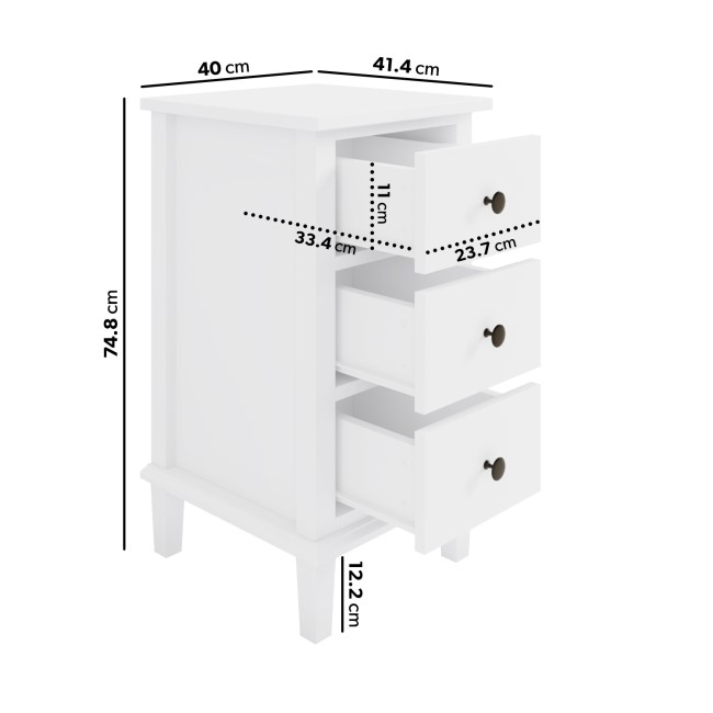 Tall White Wooden 3 Drawer Bedside Table - Marlowe