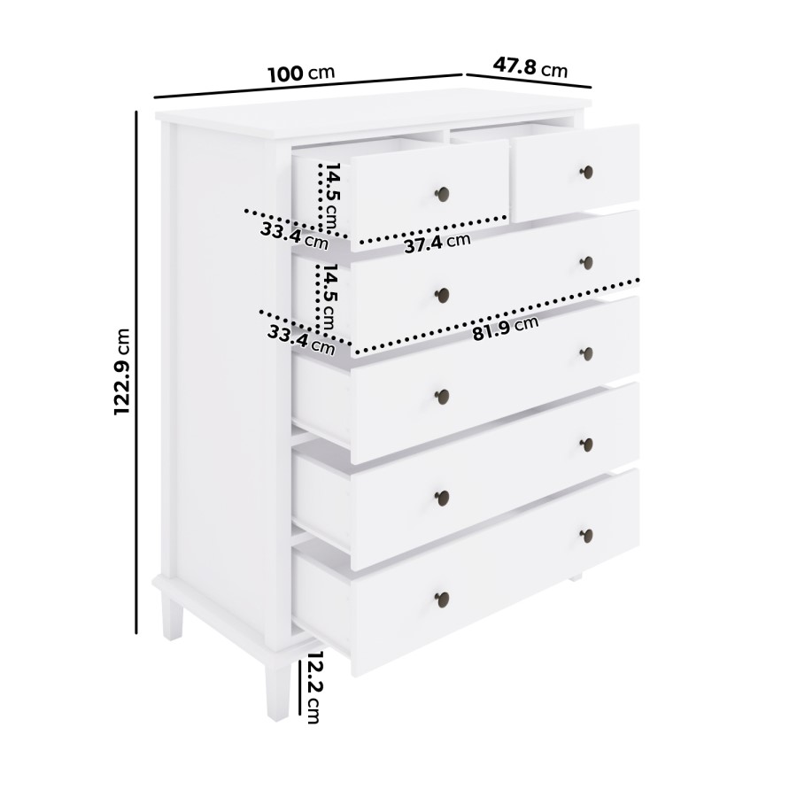 Tall White Wooden Chest of 6 Drawers - Marlowe