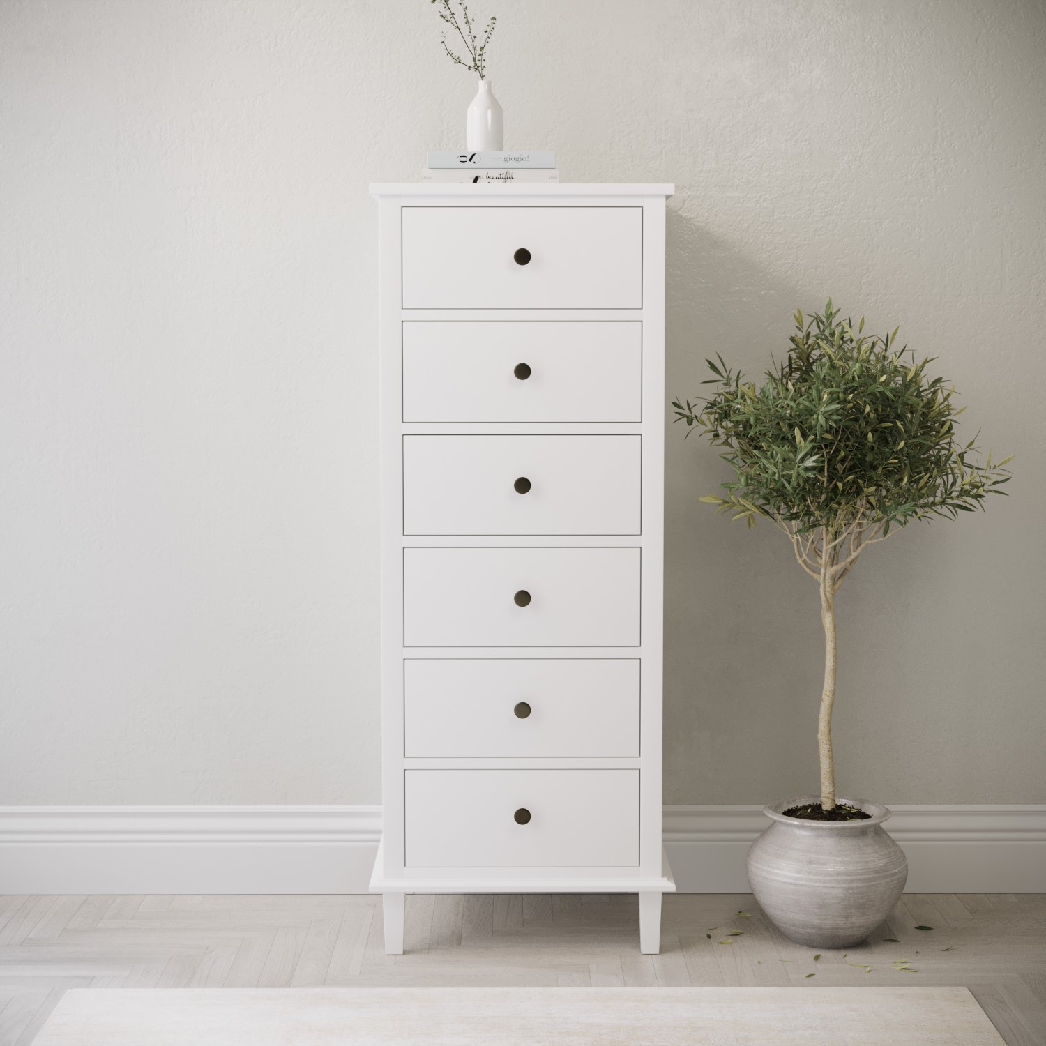 Photo of Tall narrow white wooden chest of 6 drawers - marlowe