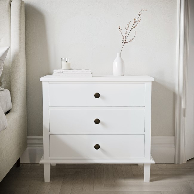 Wide White Wooden 3 Drawer Bedside Table Marlowe