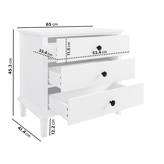 Wide White Wooden 3 Drawer Bedside Table Marlowe