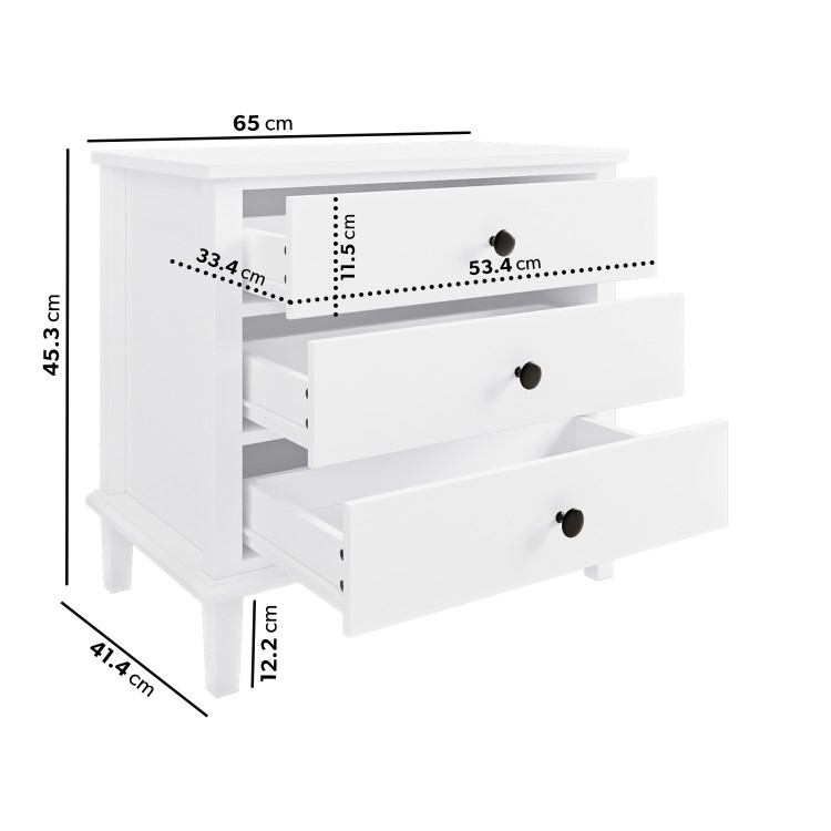 Wide White Wooden 3 Drawer Bedside Table Marlowe