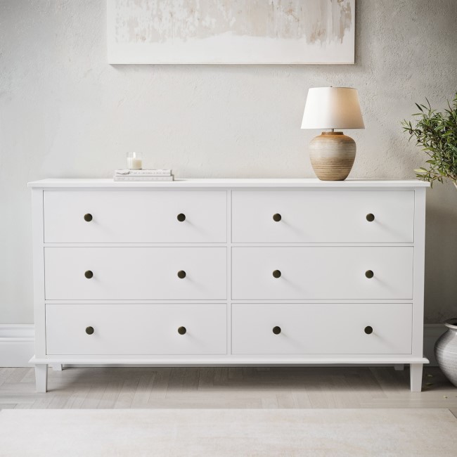 Wide Wooden White Chest of 6 Drawers- Marlowe