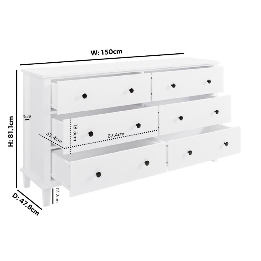 Wide Wooden White Chest of 6 Drawers- Marlowe