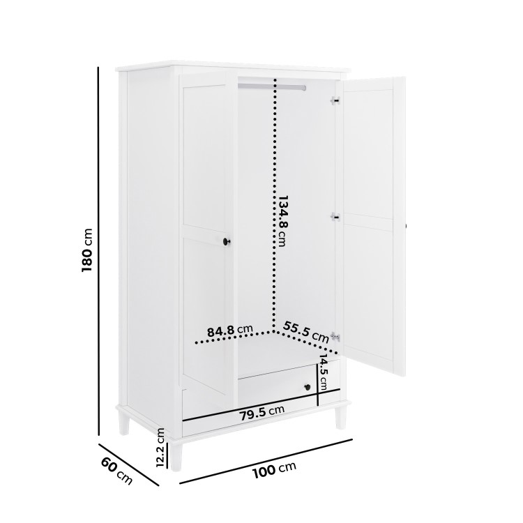 White Wooden 2 Door Wardrobe with Drawer - Marlowe