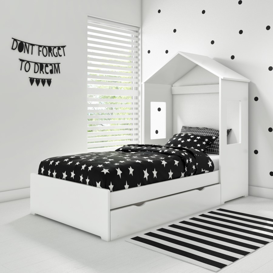Milo House Bed in White with Pull Out Storage Drawer