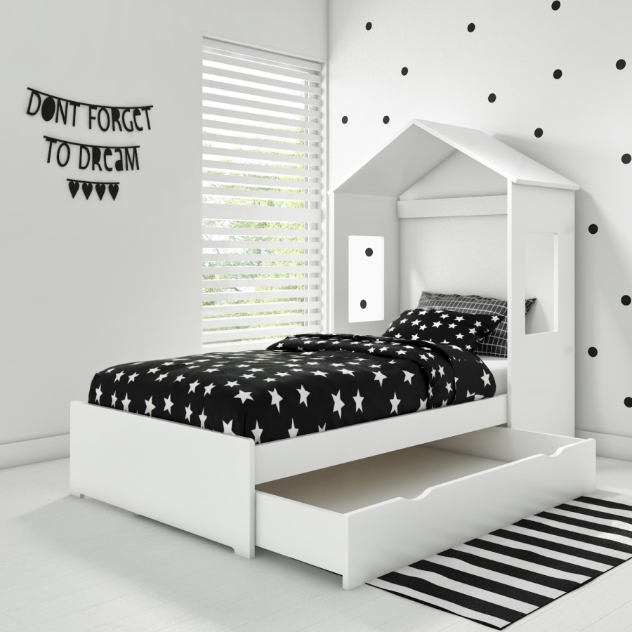 Milo House Bed in White with Pull Out Storage Drawer