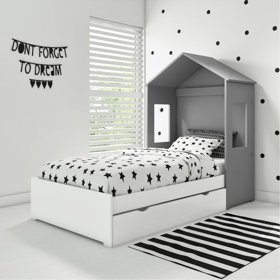 Milo House Bed in Grey & White with Pull Out Storage Drawer