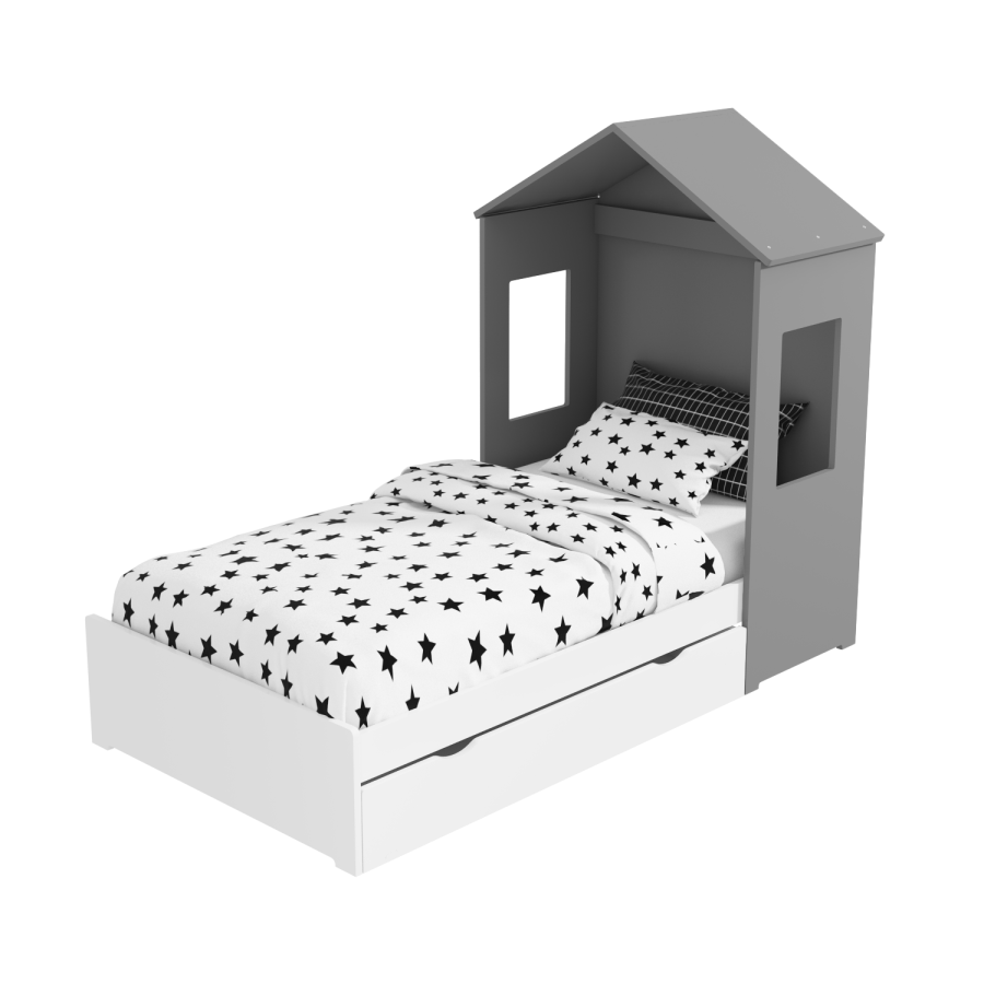 Milo House Bed in Grey & White with Pull Out Storage Drawer