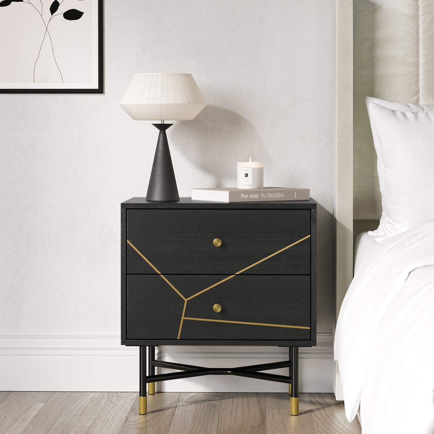 Bedside Table Panel Elegant Black and Gold Bedside Table for Luxurious Bedroom Style