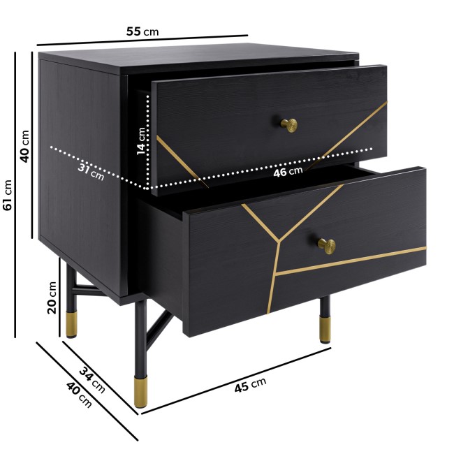 Black and Gold 2 Drawer Bedside Table - Monet