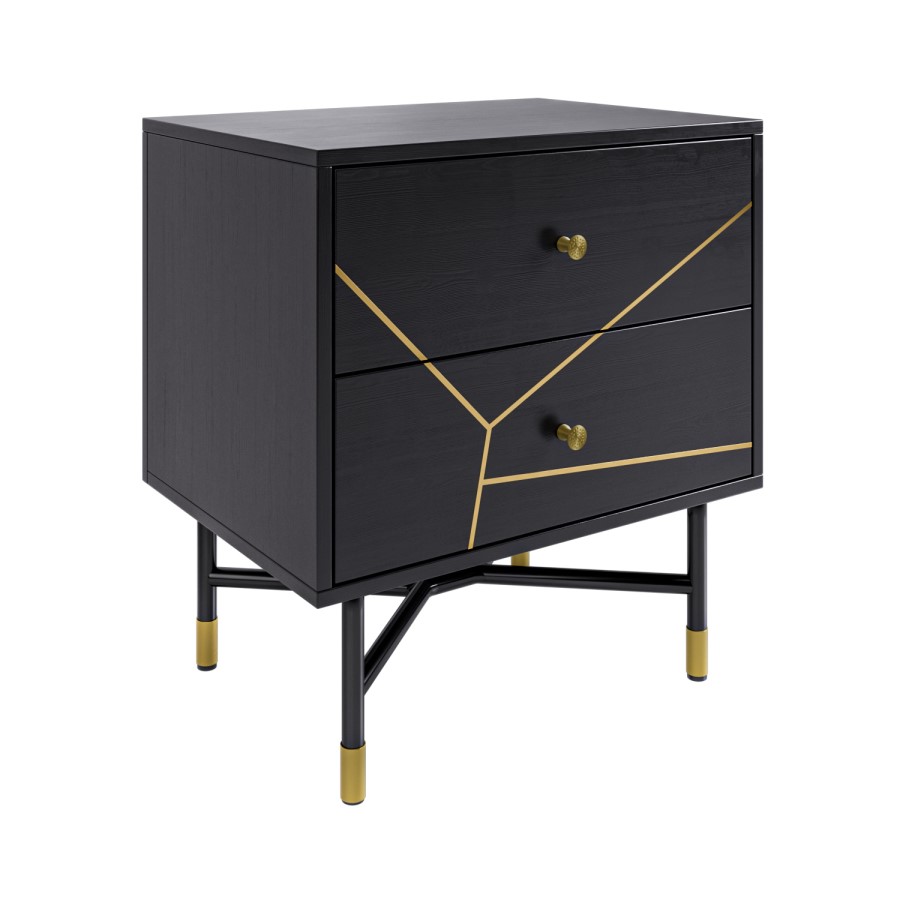 GRADE A1 - Black and Gold 2-Drawer Bedside Table - Monet