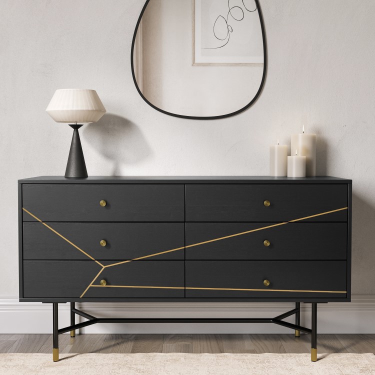 Wide Black and Gold Chest of 6 Drawers - Monet