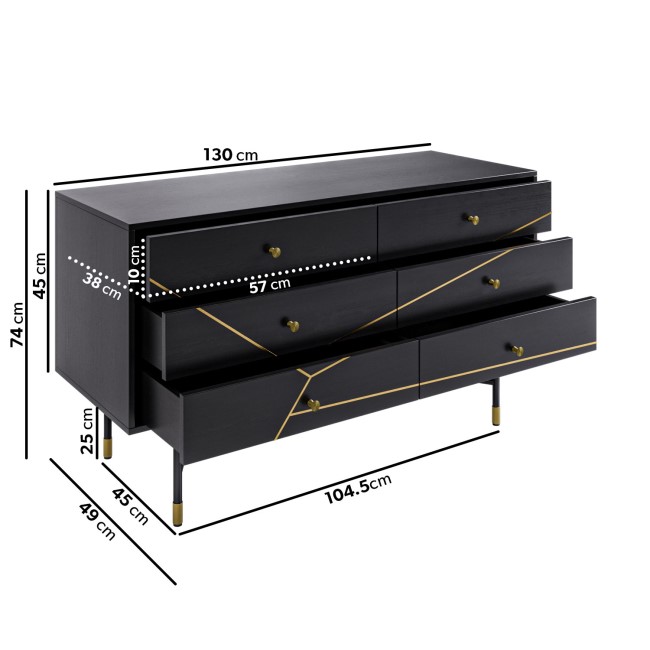 Wide Black and Gold Chest of 6 Drawers - Monet