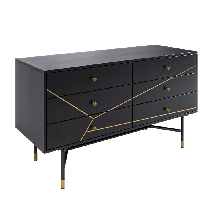 Wide Black and Gold Chest of 6 Drawers - Monet