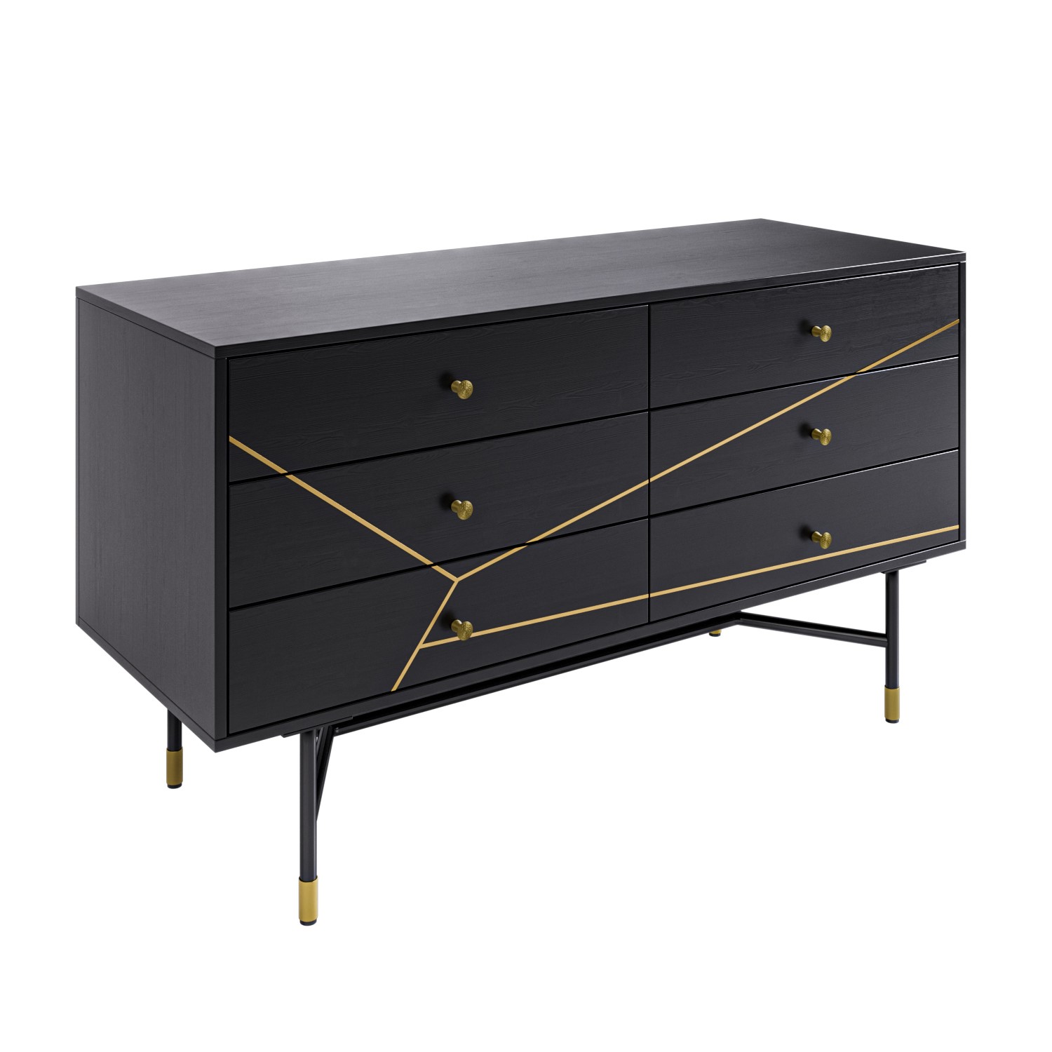 Wide Black and Gold Chest of 6 Drawers - Monet - Furniture123 Wide Black and Gold Chest of 6 Drawers - Monet - Furniture123