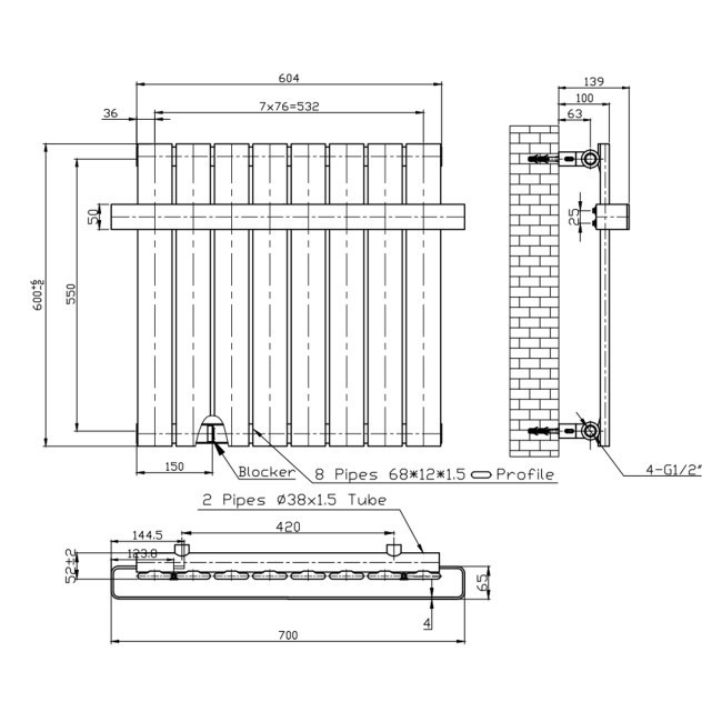 Black Horizontal Single Panel Radiator with Heated Towel Bar 600 x 604mm - Mojave