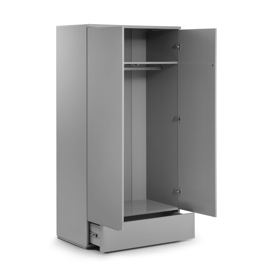 Grey High Gloss Double Wardrobe with Drawer - Monaco - Julian Bowen