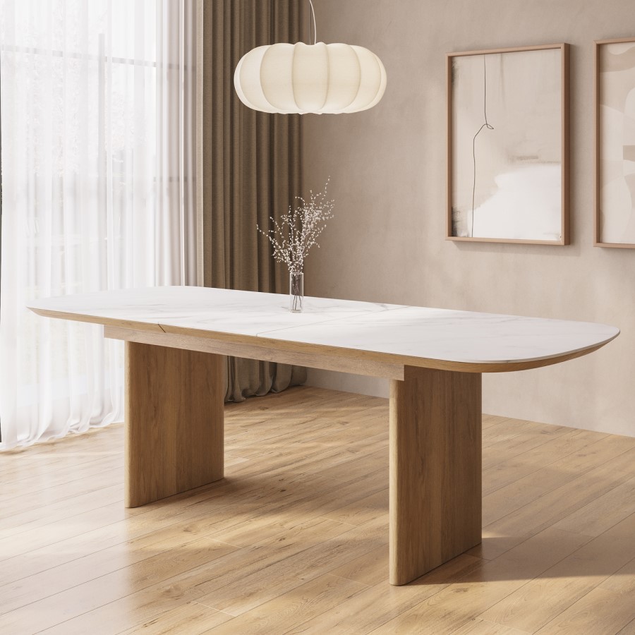 GRADE A1 - Large White Marble Ceramic and Oak Extendable Dining Table - Seats 6 - 8 - Marian