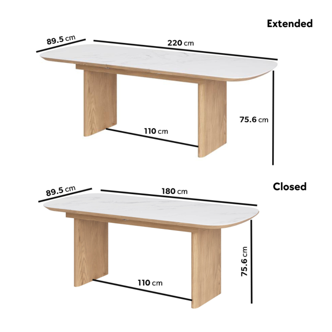 Large White Marble Ceramic and Oak Extendable Dining Table - Seats 6 - 8 - Marian