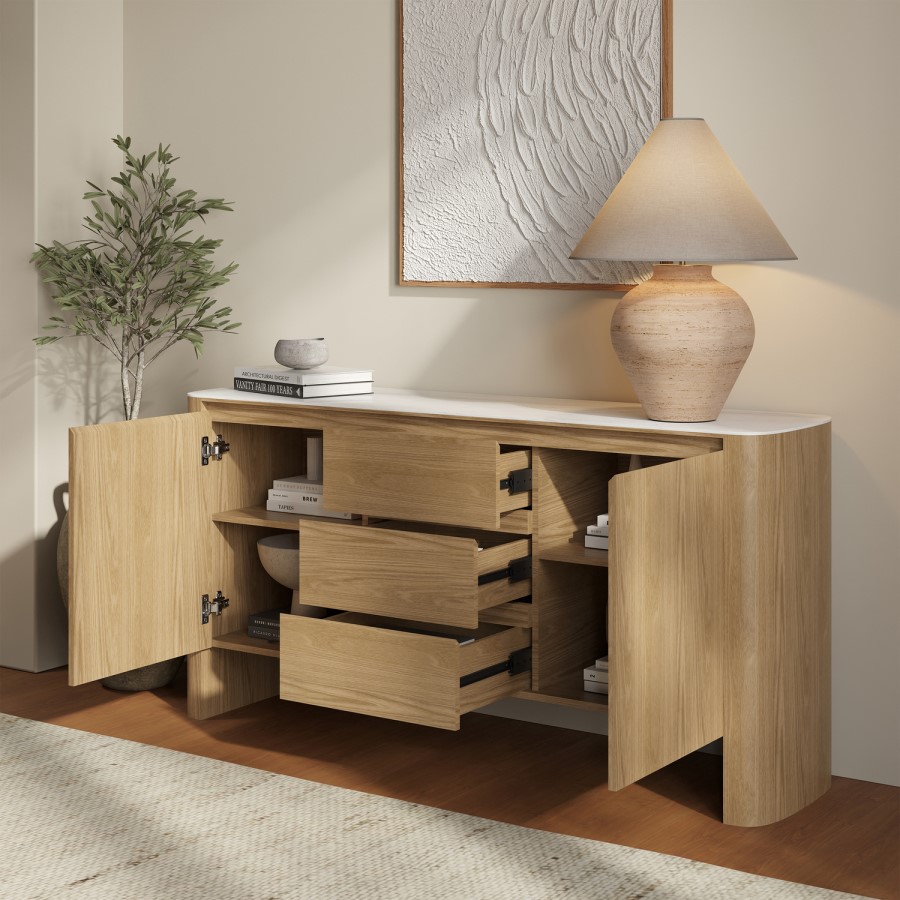 Large White Marble Ceramic and Oak Sideboard - Marian